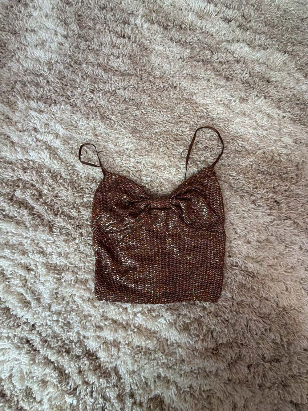 Papaya Brown Rhinestone Glitter Bow Front Crop Top